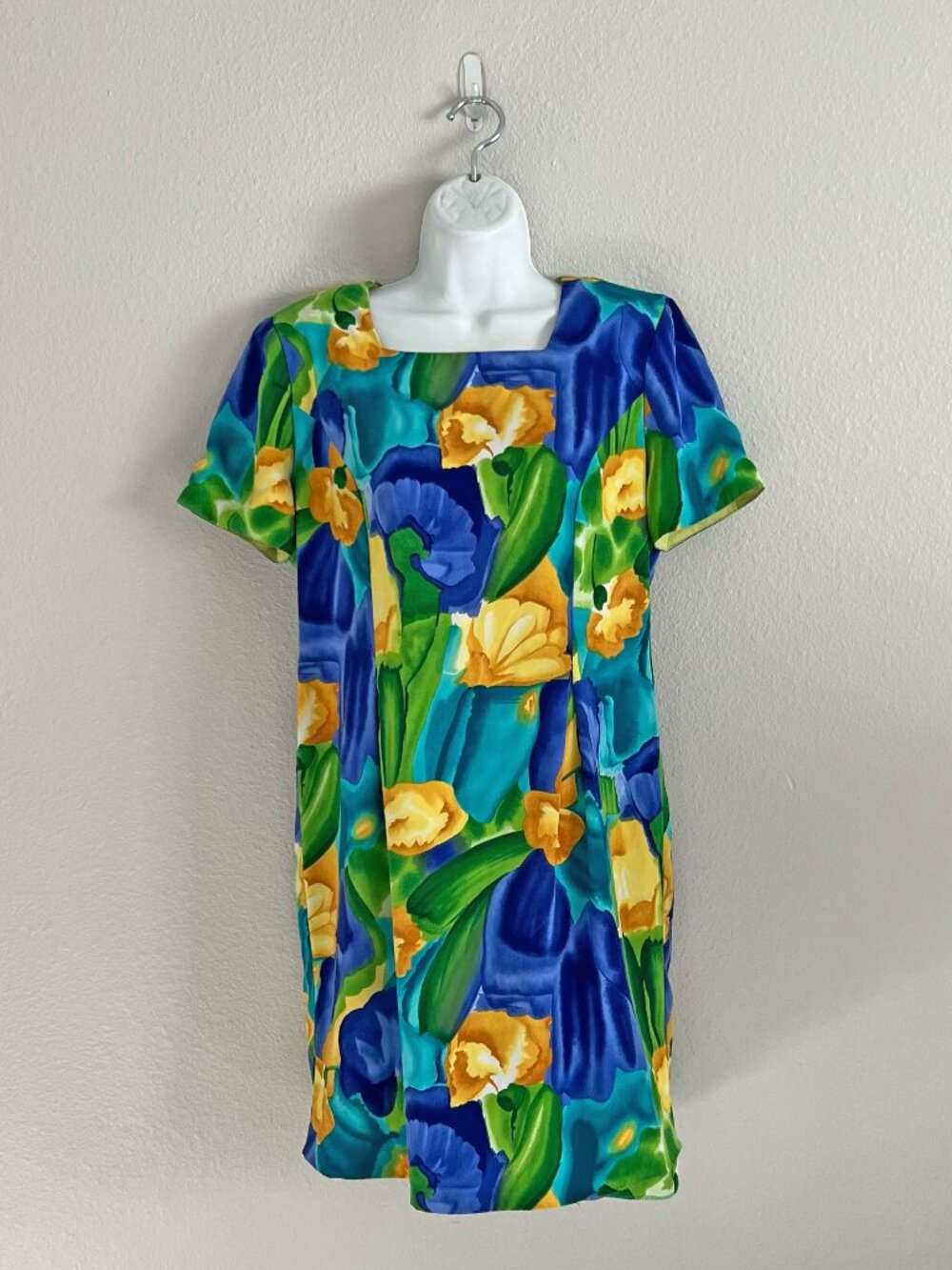80s Retro Floral Square Neck Sheath Dress Vintage Tiki Positive Attitude Sz 10P